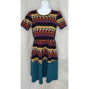 LuLaRoe Amelia Dress Medium Geometric Fit Flare Short Sleeve Zipper Back